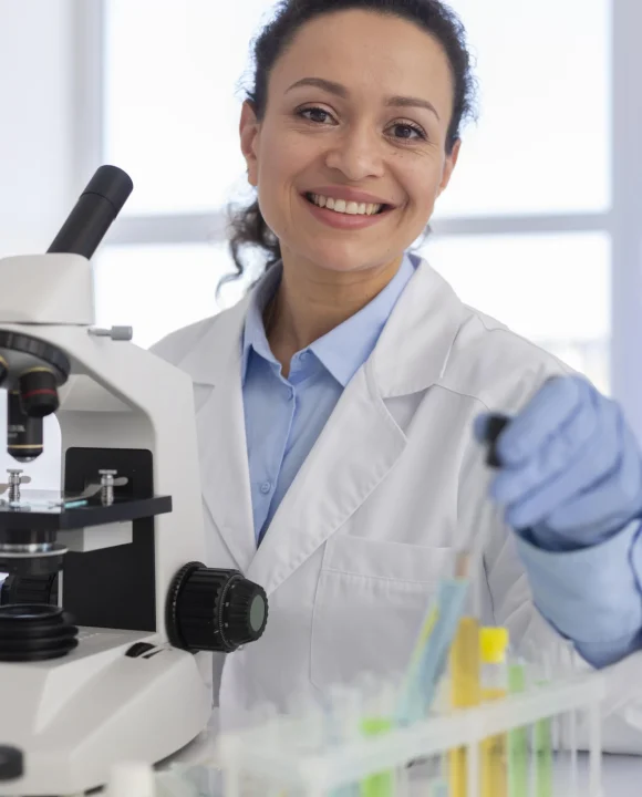 smiley-woman-with-microscope-medium-shot